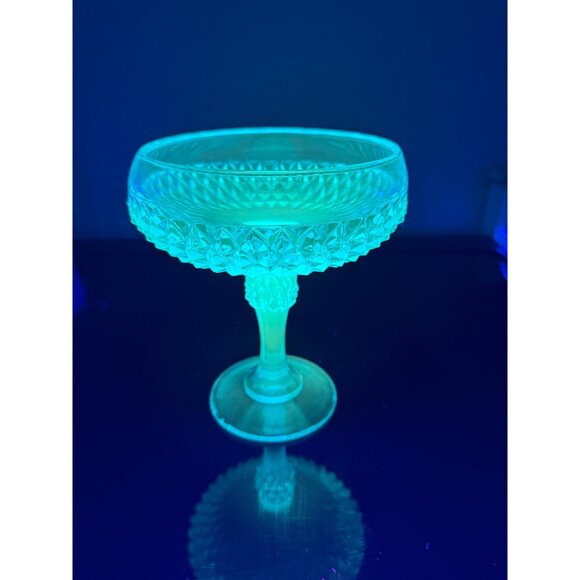 Indiana Glass Diamond Point Capri Blue Compote – UV Reactive Pedestal Candy Dish - Picture 3 of 9